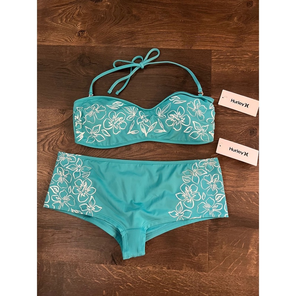 Hurley Womens Teal Floral Bandeau Halter Bikini Set Boy Short Two Piece Large